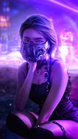 Cyberpunk character in mask with neon background