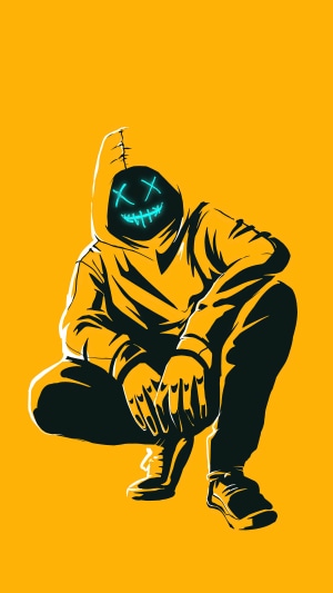 Anonymous figure with glowing mask crouching