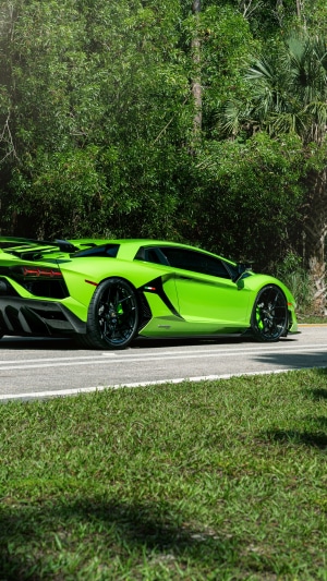 Green Lamborghini Aventador parked on a road