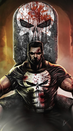 The Punisher sitting on a throne with a skull emblem