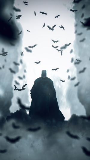 Batman surrounded by bats