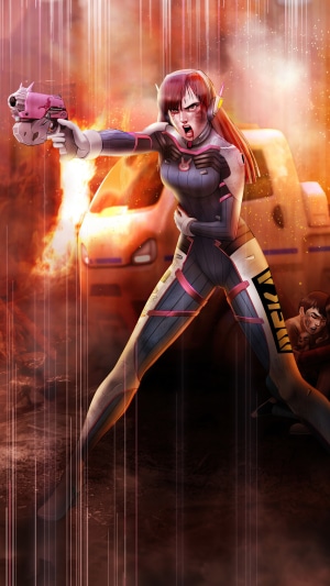 D.Va from Overwatch in a burning city