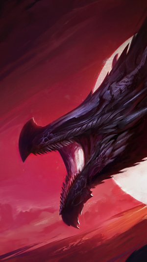 Dragon head with open mouth, red sky