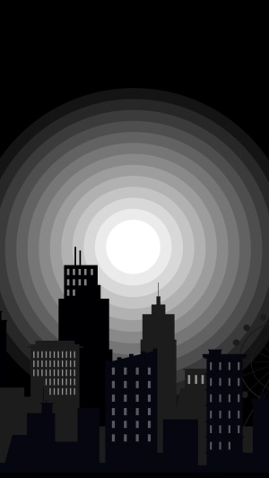 Monochrome cityscape with concentric circles