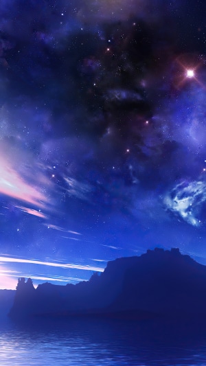 Sci-fi digital art of a starry nebula over mountains