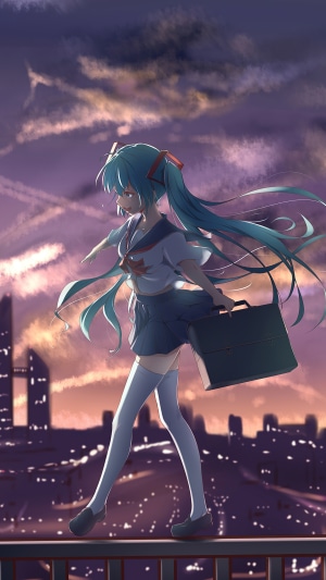 Hatsune Miku walking with a briefcase at sunset