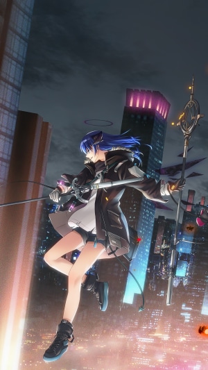 Anime girl with blue hair and halo in a city