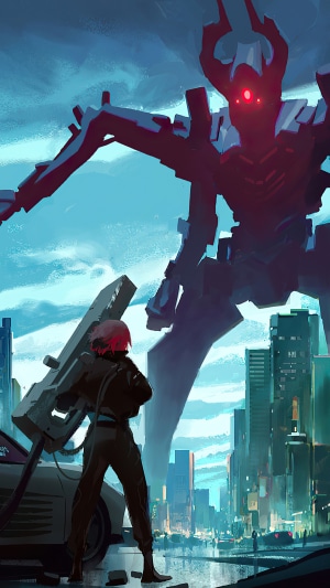 Giant Robot vs. Girl with Gun in City