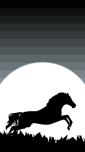 Minimalist silhouette of a horse jumping over grass against a large moon