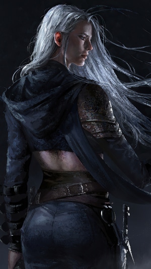 Warrior with long white hair and armor