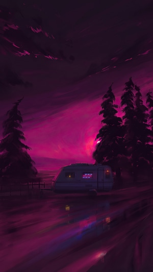 Neon camper van in a pink forest at dusk