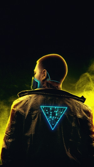 Man with mask and glowing triangle on jacket