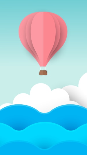 Minimalist pink hot air balloon over blue waves and clouds