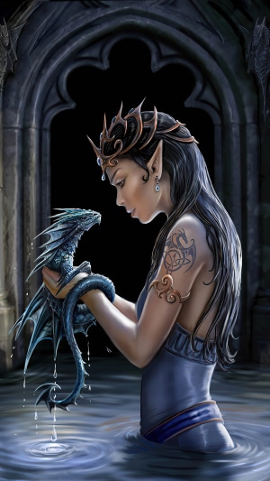 Elf woman holding a baby dragon in water