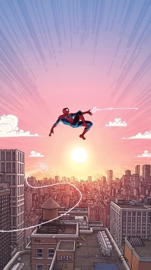 Spider-Man swinging over a city at sunset