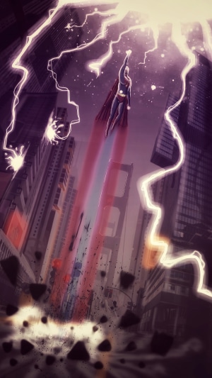 Superman flying through a stormy city