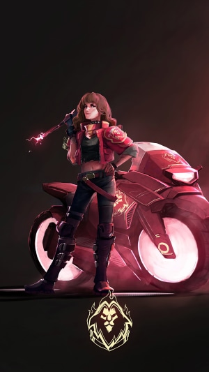 Woman with a motorcycle and a lion emblem