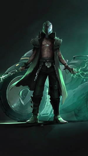 Artwork of a masked man with tattoos and a motorcycle