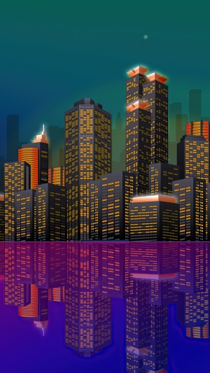 Minimalist digital art of a city skyline at night with reflections