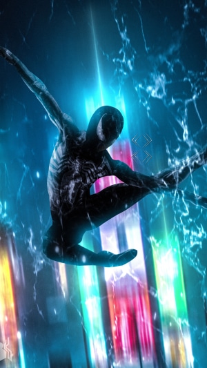 Spider-Man in Black Suit with Neon Lights