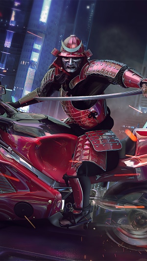 Samurai on a motorcycle in a cyberpunk city 4K