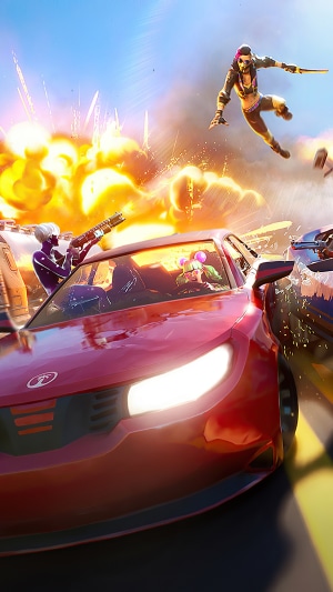 Fortnite characters in a car chase with explosions