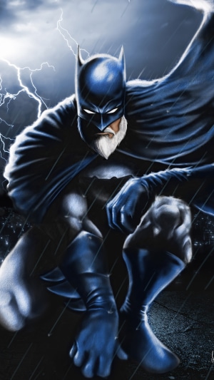 Batman in the rain with lightning