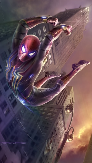 Spider-Man in Iron Spider Suit Swinging Through City