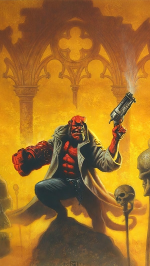 Hellboy with Gun in Gothic Ruins