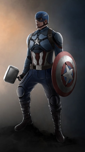 Captain America holding Mjolnir and shield