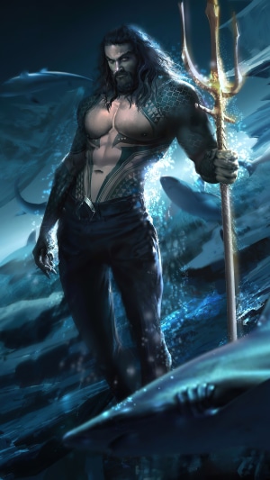 Aquaman holding a trident surrounded by sharks