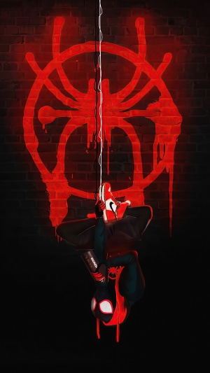 Miles Morales Spider-Man hanging from web