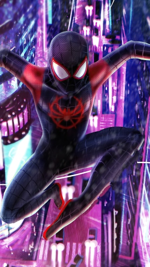 Spider-Man (Miles Morales) in a neon city