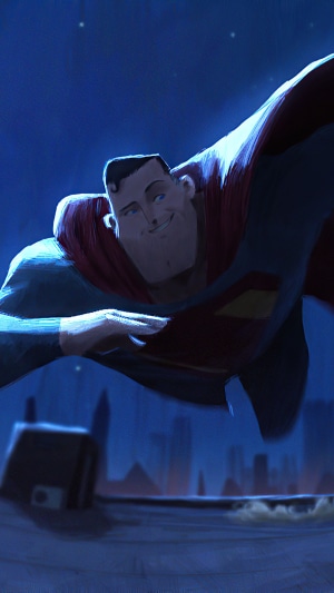 Superman flying over a city at night