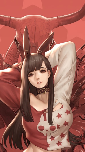 Artwork of a girl with bunny ears and a bull skull