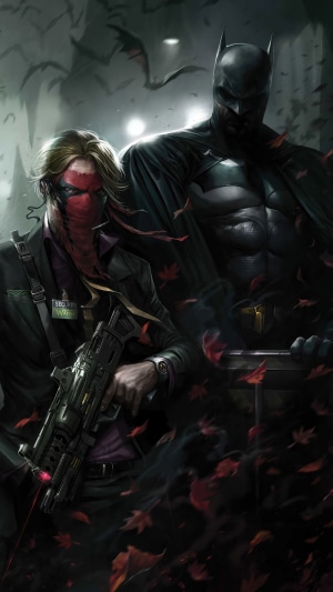 Batman and Red Hood with a gun