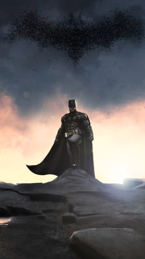 Batman artwork with bats forming the Bat-Signal