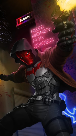 Red Hood artwork with neon sign