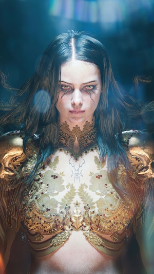Fantasy woman with ornate armor and dark makeup