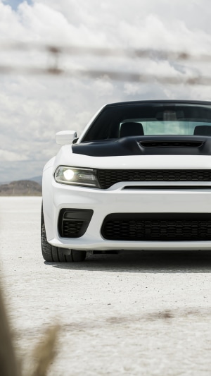 White Dodge Charger on a Salt Flat