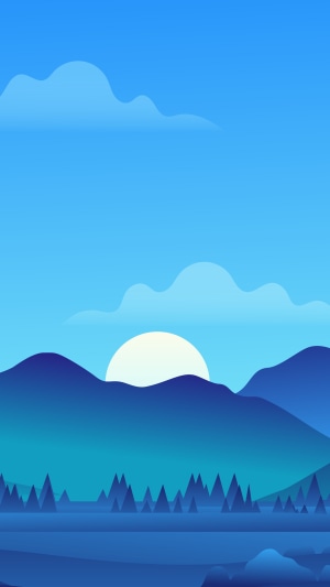 Minimalist sunrise over mountains with pine trees