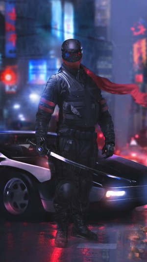 Cyberpunk warrior with sword in city