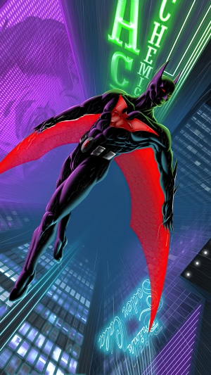 Batman Beyond flying through a neon-lit city