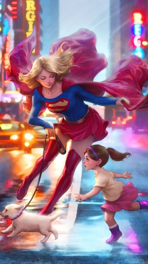 Supergirl walking a dog with a child in a city