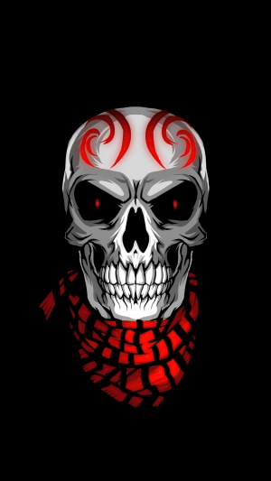 Minimalist digital art of a skull with red tribal markings and scarf
