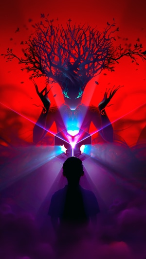 Figure opening a glowing cube with a tree-like entity behind
