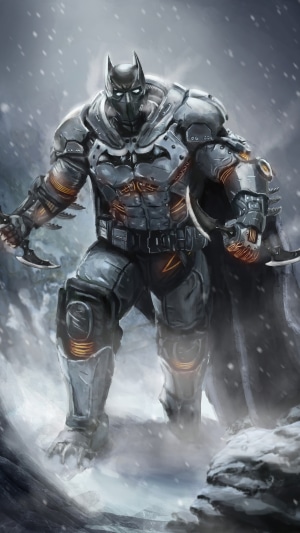 Batman in armored suit with Batarangs in snow
