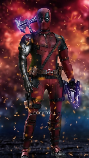 Deadpool with Thor's Axe and Stormbreaker