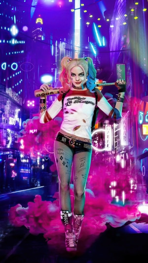 Harley Quinn with Baseball Bat in Neon City