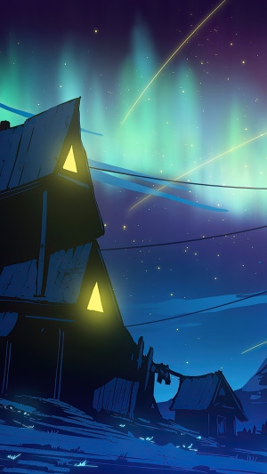 Digital art of houses under aurora borealis
